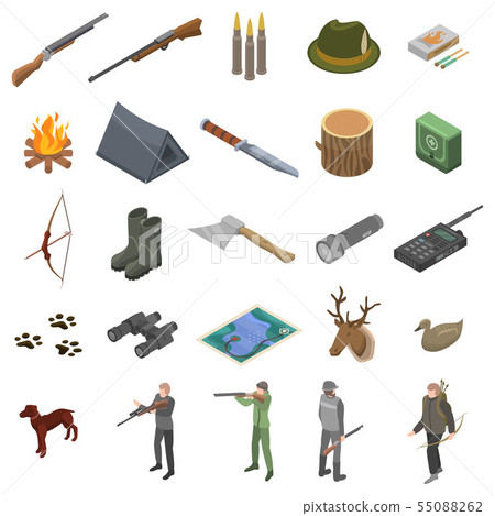 Hunting modern equipment icons set, isometric style 55088262