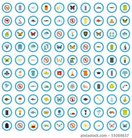 100 recycling exploration icons set, flat style 55089837