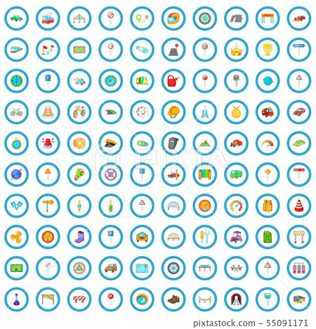 100 road icons set, cartoon style 100 road icons set, cartoon style 55091171