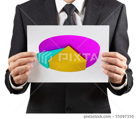 Businessman holds printout with colorful pie graph. Businessman holds printout with colorful pie graph. 55097350