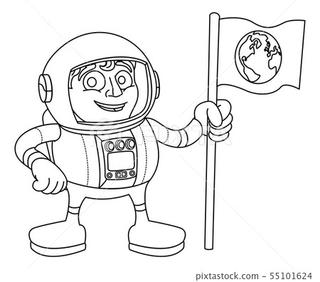 Space Man Cartoon Astronaut Holding Flag 55101624