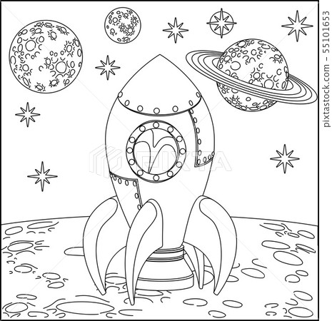 Space Cartoon Scene Rocket Ship On Moon 55101653