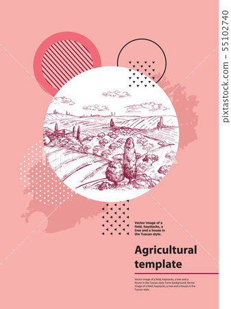 Vector image of a field, haystacks, a tree and a house in the Tuscan style. Geometrical composition 55102740