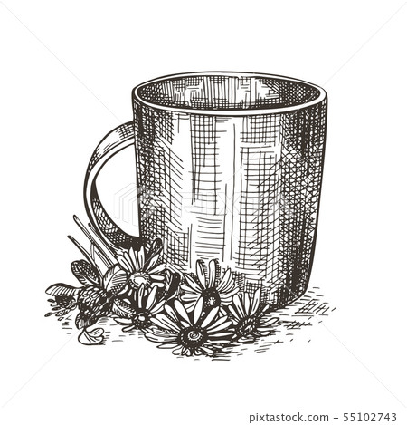 Mug and bouquet of wildflowers. Sketch style illustration. 55102743