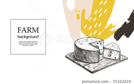 Cheese lies on a wooden cutting board. Background for flyers, banners, posters. Horizontal template. 55102828
