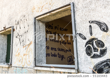 Declaration of love written on the wall of an old abandoned house next to the Rio Tajo train station Declaration of love written on the wall of an old abandoned house next to the Rio Tajo train station 55103443