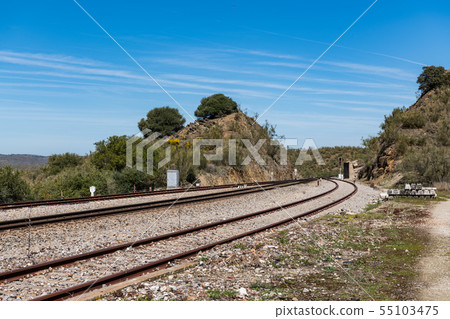 Oxidized railway tracks next to the abandoned Rio Tajo train station, near Garrovillas de Alconetar 55103475
