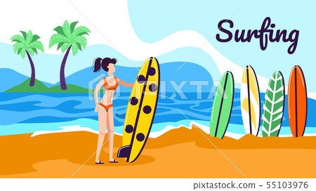 Girl with Surfer Board Stand at Beautiful Seaside Girl with Surfer Board Stand at Beautiful Seaside 55103976