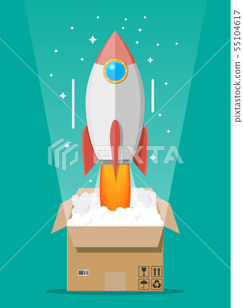 Cartoon rocket ejected from cardboard box. - Stock Illustration ...