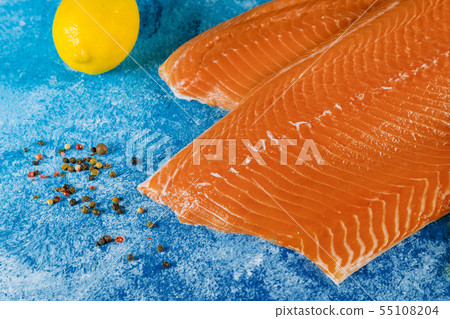 Raw salmon fillet ingredients for marinade Raw salmon fillet ingredients for marinade 55108204