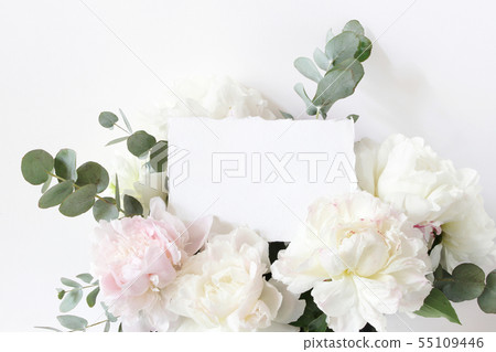 Feminine wedding, birthday mockup scene. Closeup of blank cotton paper card, invitation and floral 55109446
