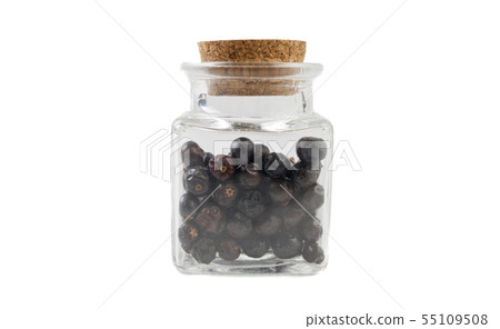 juniper berries in glass jar on isolated on white juniper berries in glass jar on isolated on white 55109508
