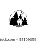 Hand drawn label with small hut and pine trees 55109859