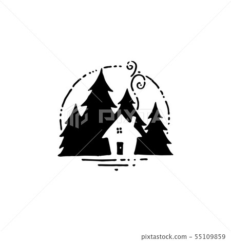 Hand drawn label with small hut and pine trees Hand drawn label with small hut and pine trees 55109859
