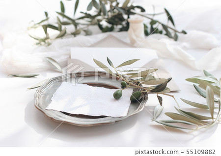 Summer wedding stationery mock-up scene. Blank greeting cards, invitations on vintage silver plate Summer wedding stationery mock-up scene. Blank greeting cards, invitations on vintage silver plate 55109882