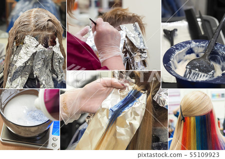 Collage of colored staining of the woman hair. Collage of colored staining of the woman hair. 55109923