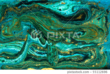 Green and gold marbling pattern. Golden powder marble liquid texture. 55112696