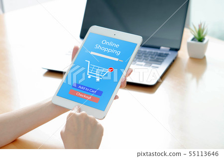 Woman shopping online at home, business and modern 55113646