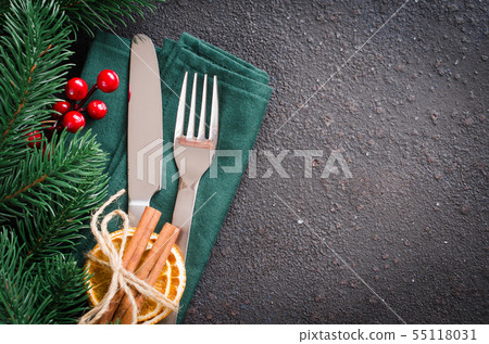 Christmas festive table setting with decorations 55118031