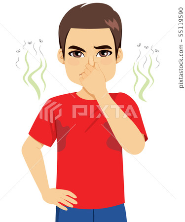 Young sweating man pinching nose bad smell - Stock Illustration ...