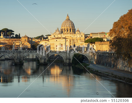 Tiber and St Peter Basilica in Vatican, sunrise 55120306