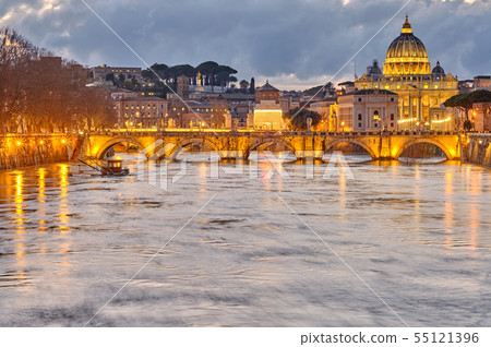 St. Peter's cathedral and Tiber river at evening St. Peter's cathedral and Tiber river at evening 55121396