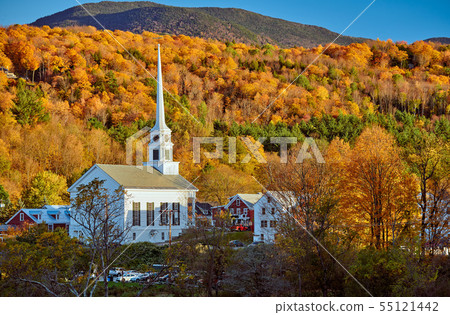 Iconic New England church in Stowe town at autumn 55121442