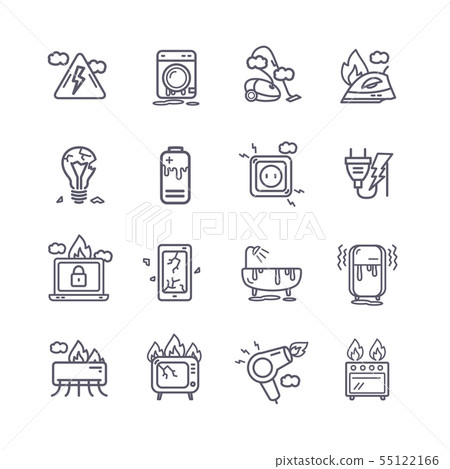 Broken Appliances Black Thin Line Icon Set. Vector 55122166