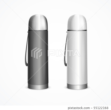 Realistic Detailed 3d White and Black Blank Thermos Template Mockup Set. Vector 55122168
