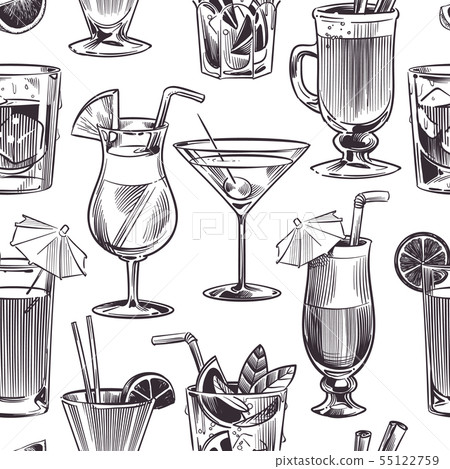 Cocktail seamless pattern. Hand drawn cocktails and alcohols drink with different wineglasses, bar Cocktail seamless pattern. Hand drawn cocktails and alcohols drink with different wineglasses, bar 55122759