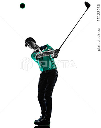 Man Golf golfer golfing isolated shadow silhouette white background 55122986