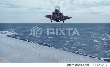 F-35 fighter takes off vertically from the aircraft carrier. 3D Rendering F-35 fighter takes off vertically from the aircraft carrier. 3D Rendering 55123007
