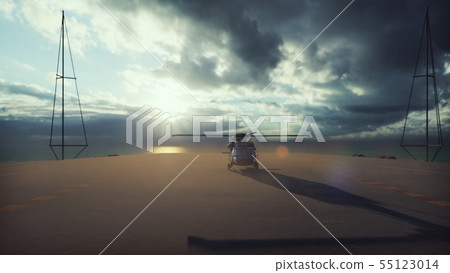 Military helicopter Blackhawk lands on an aircraft carrier in the endless blue ocean. 3D Rendering 55123014