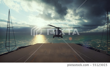 Military helicopter Blackhawk lands on an aircraft carrier in the endless blue ocean. 3D Rendering Military helicopter Blackhawk lands on an aircraft carrier in the endless blue ocean. 3D Rendering 55123015