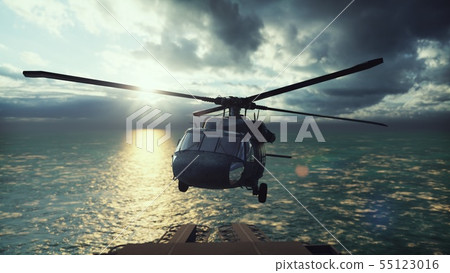 Military helicopter Blackhawk lands on an aircraft carrier in the endless blue ocean. 3D Rendering Military helicopter Blackhawk lands on an aircraft carrier in the endless blue ocean. 3D Rendering 55123016