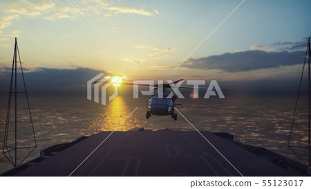 Military helicopter Blackhawk lands on an aircraft carrier in the endless blue ocean. 3D Rendering Military helicopter Blackhawk lands on an aircraft carrier in the endless blue ocean. 3D Rendering 55123017