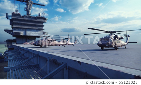 Military helicopters Blackhawk take off from an aircraft carrier at clear day in the endless blue 55123023