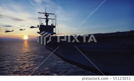Military helicopters Blackhawk take off from an aircraft carrier at sunrise in the endless sea. 3D 55123031
