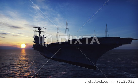 Military helicopters Blackhawk take off from an aircraft carrier at sunrise in the endless sea. 3D Military helicopters Blackhawk take off from an aircraft carrier at sunrise in the endless sea. 3D 55123032
