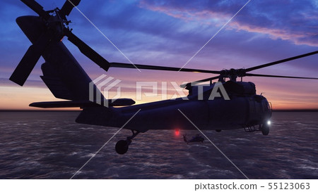 Black hawk military helicopters fly at sunrise across the boundless sea. 3D Rendering Black hawk military helicopters fly at sunrise across the boundless sea. 3D Rendering 55123063