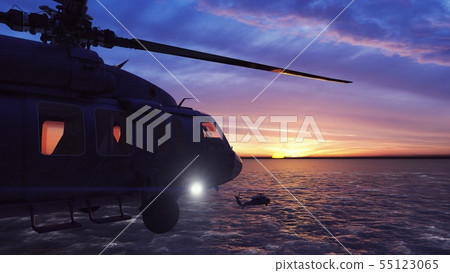 Black hawk military helicopters fly at sunrise across the boundless sea. 3D Rendering Black hawk military helicopters fly at sunrise across the boundless sea. 3D Rendering 55123065