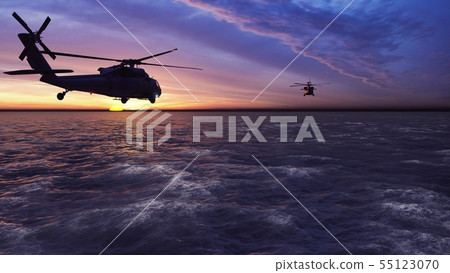 Black hawk military helicopters fly at sunrise across the boundless sea. 3D Rendering 55123070