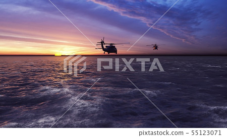 Black hawk military helicopters fly at sunrise across the boundless sea. 3D Rendering 55123071