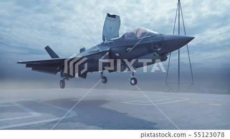 F-35 fighter takes off vertically from the aircraft carrier. 3D Rendering 55123078