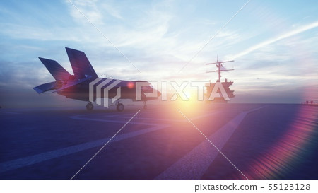 F-35 fighter takes off vertically from the aircraft carrier at sunrise. 3D Rendering 55123128