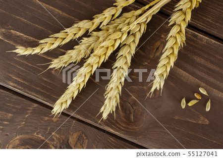 Ripe bread wheat on brown wood 55127041