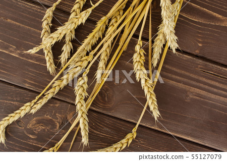 Ripe bread wheat on brown wood 55127079