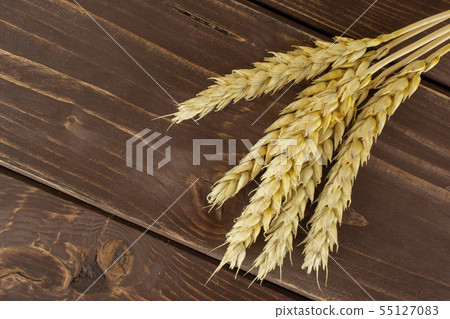 Ripe bread wheat on brown wood Ripe bread wheat on brown wood 55127083