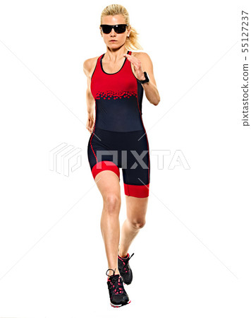 woman triathlon triathlete ironman runner running isolated white background 55127237