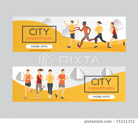 Marathon runners race group vector illustration. Running men and women at finish of marathon race 55131152